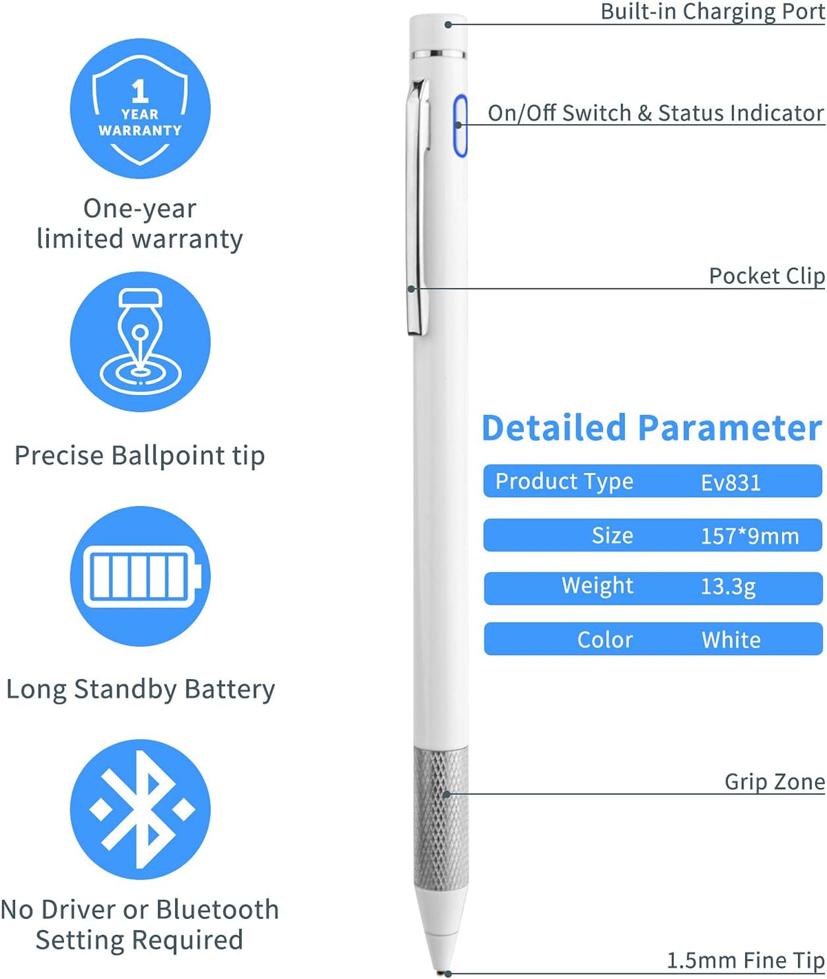 Minilabo Pencil Stylus for iPhone 14/13/12/X Pro Max, Active Digital Pen with 1.5mm Ultra Fine Tip, White