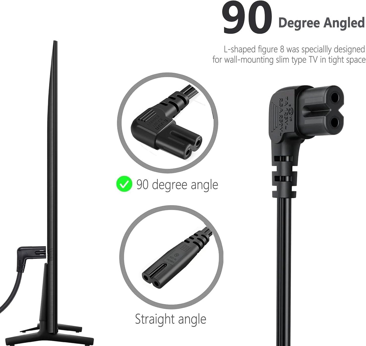 IJP 10FT 24" 32" 40" 43" 48" 49" 50" 55" 60" 65" 75", UN40 UN43 UN48 90 18AWG 2-Prong C7 Longer TV Power Cord