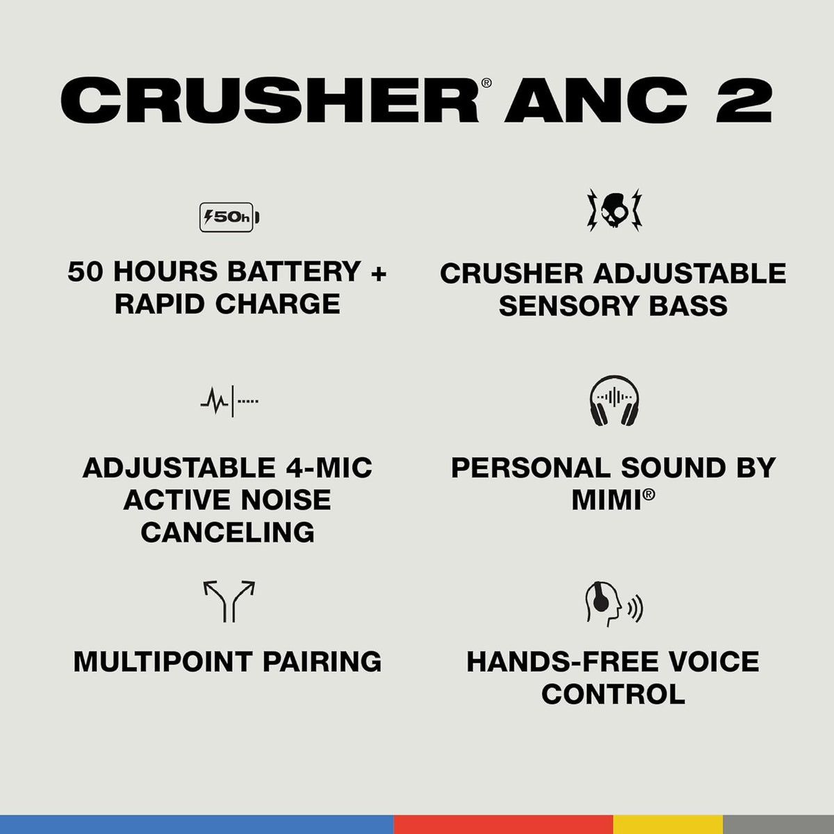 Skullcandy Crusher ANC 2 Over-Ear Noise Canceling Wireless Headphones with Sensory Bass and Charging Cable, 50 Hr Battery, Skull-iQ, Alexa Enabled, Microphone, Works with Bluetooth Devices - Bone