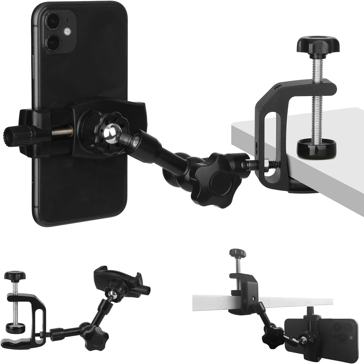 iPhone Mount for Desk/Table/Rod/Kitchen Cabinet,360°Adjustable Aluminum Alloy Phone Stand,Clip Holder Compatible with 3.5~7.5" iPhone/Nexus/HTC/Huawei/Smartphone