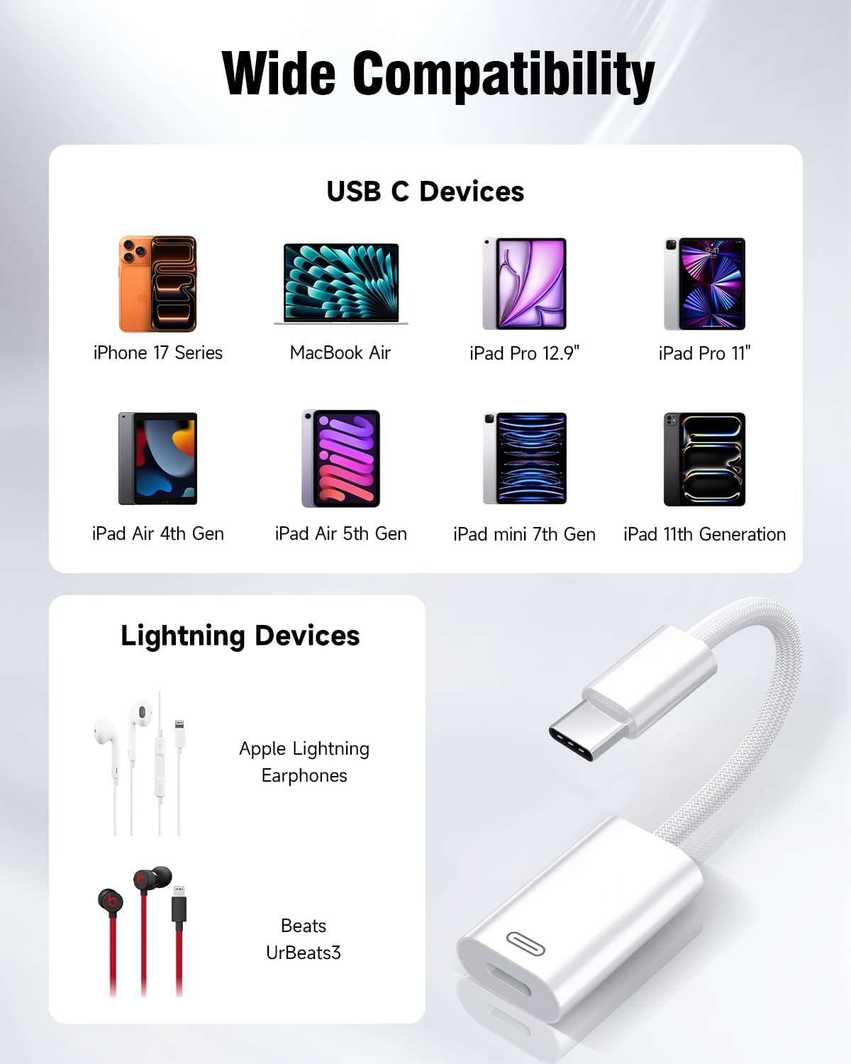 GetsISKON 17/16/15 6/5/4, USB C to Lightning Headphone Audio Adapter, Type C Male to Female Lightning Earphone