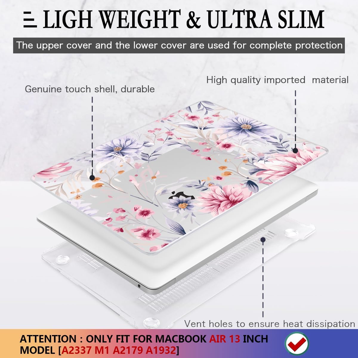 CISSOOK Flower Case for MacBook Air 13 Inch A2337 M1 A2179 A1932 Model 2021-2018 Released, Plastic Floral Cover with Keyboard Cover Protector for MacBook Air 13 with Touch ID，Flowers Watercolor