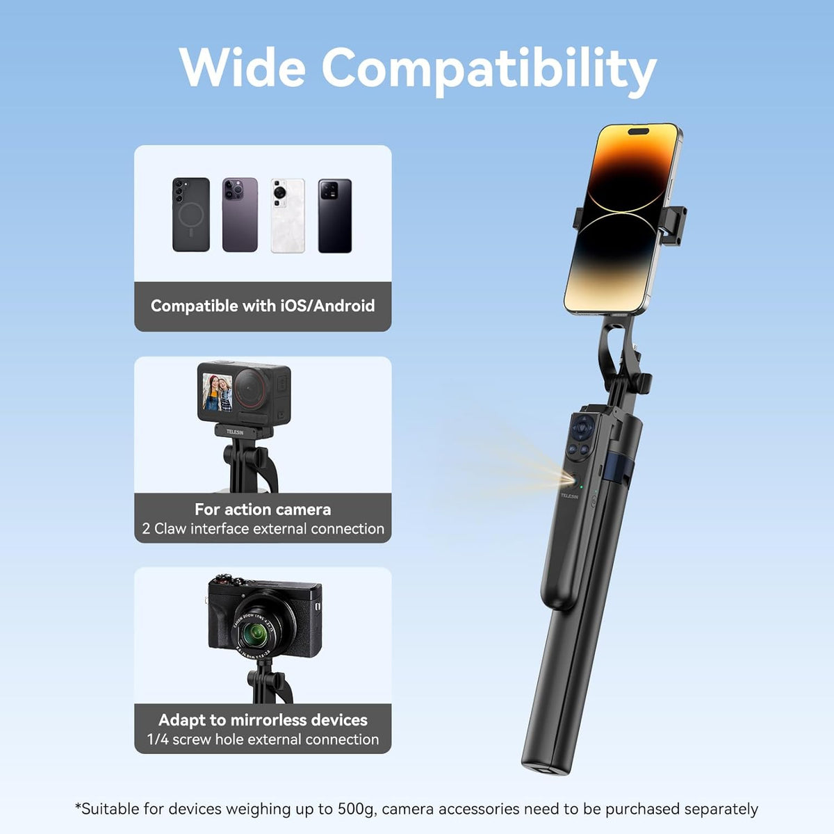 TELESIN 63" Smart Auto-Face Tracking Tripod with 360° Rotation, Remote & Gesture Control, No APP Needed, Compatible with Smartphone/Action Camera, Selfie Stick Tripod Stand for Video Live Streaming