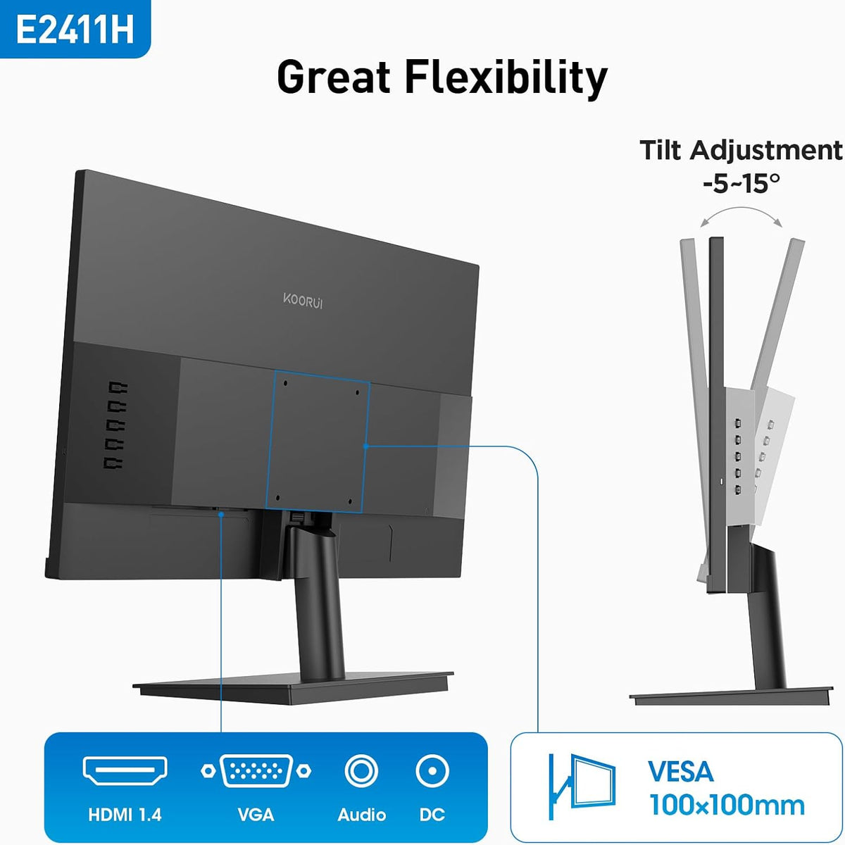 KOORUI 24 inch Monitor 120Hz, Full HD 1920 * 1080p IPS Ultra-Thin Computer Monitor, 99% SRGB Color Gamut, VESA 100 * 100mm Mountable,Tilt Adjustable,HDMI & VGA Ports,Black, E2411H