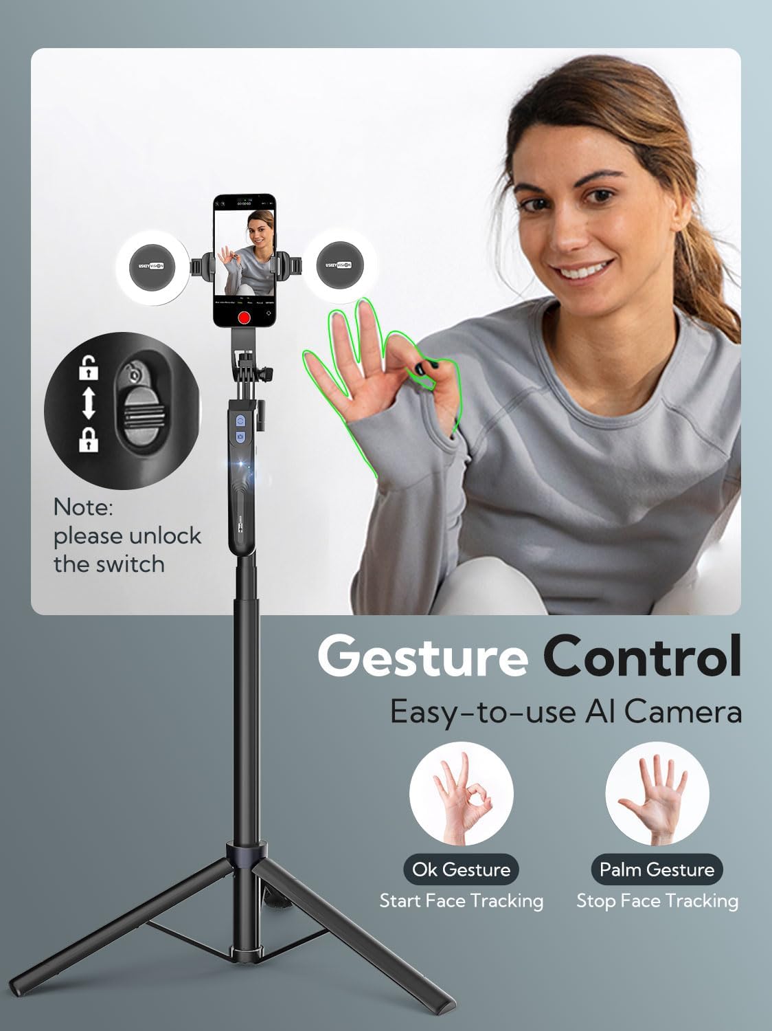 Auto Face Tracking Tripod 360 Rotation,Phone Tripod for iPhone w/Fill Light,Selfie Stick for iPhone w/Remote Control,70” Phone Holder Video Recording for Content Creators TikTok(UTK-02)