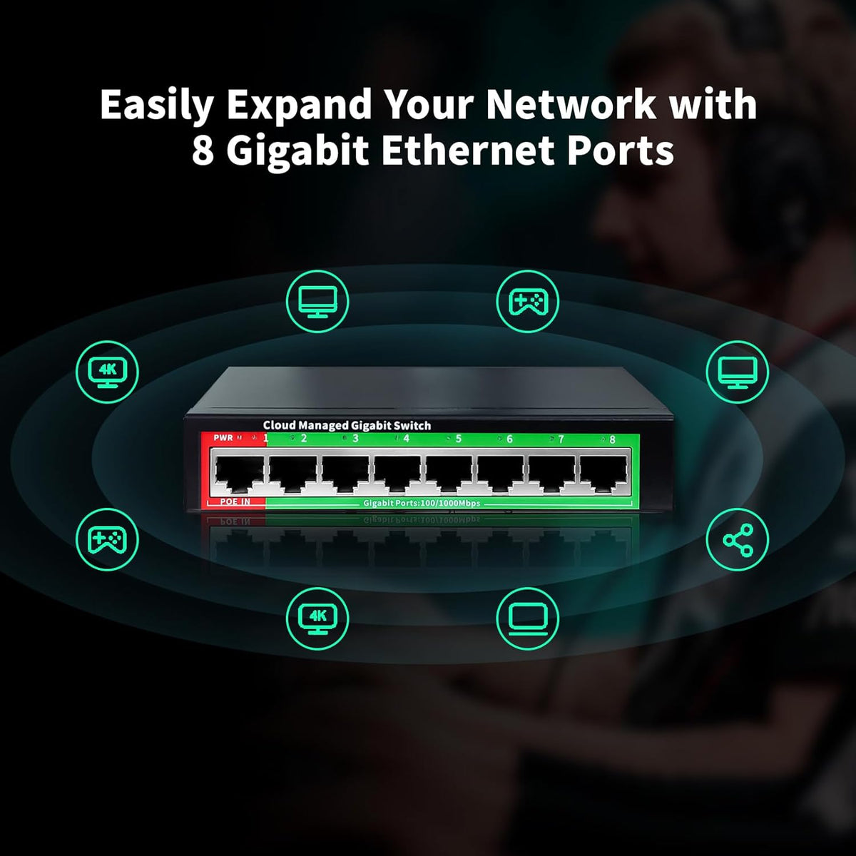 STEAMEMO 8-Port Gigabit Ethernet Switch | Smart Managed with VLAN & QoS | Plug & Play Desktop/Wall-Mount Network Hub w/ PoE in Design | Metal Housing & Web Managed(Includes Power Adapter)