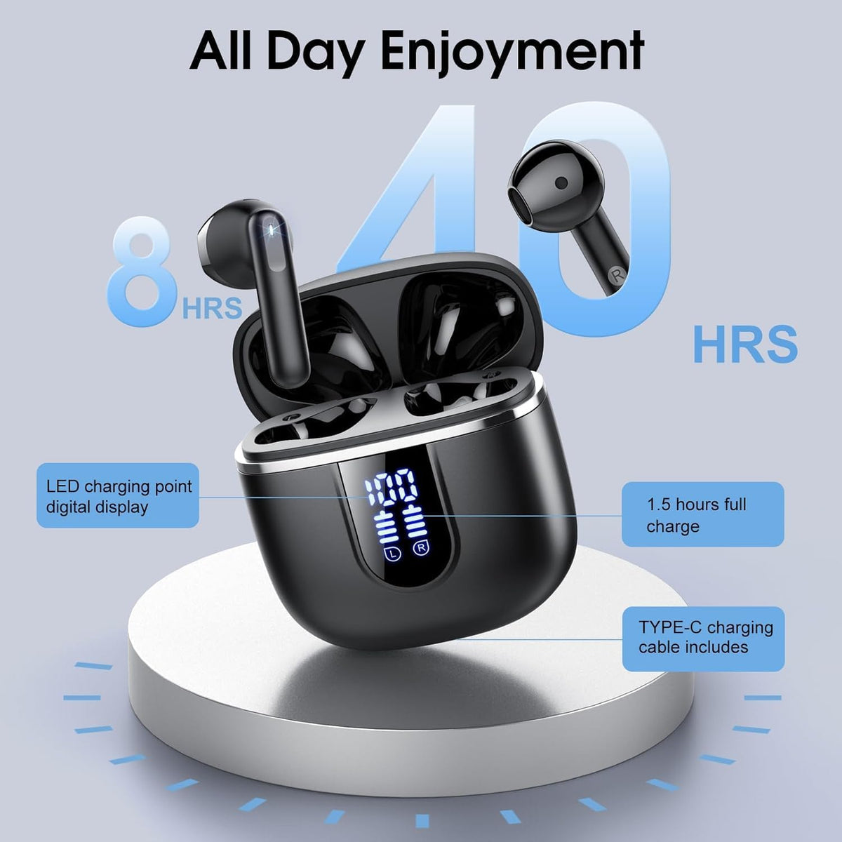 Wireless Earbuds, 2025 Bluetooth 5.4 Headphones with 3D Bass Stereo, 40H Ultralight in-Ear Buds, Bluetooth Earbuds with 4 ENC Noise Cancelling Mic, USB-C LED, IP7 Waterproof Earphones for Android iOS