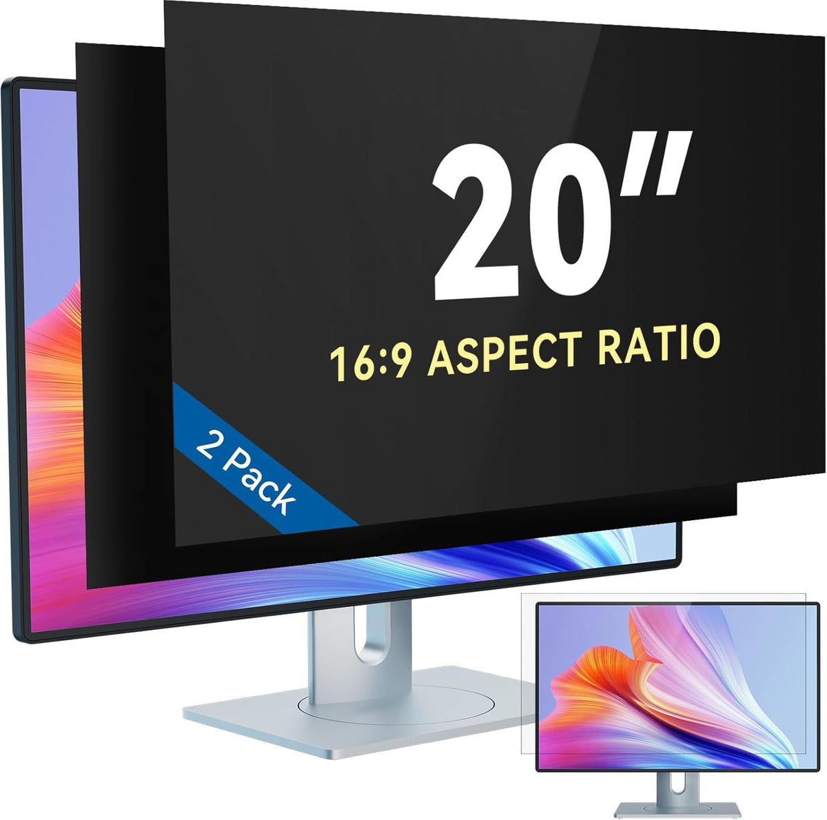 IPROKKO [2-Pack] 20 Inch Computer Privacy Screen Filter for 16:9 Widescreen Monitor, Removable 19inch Anti Blue Light Glare Privacy Shield, Anti Spy Security Protector for Hp Dell Asus Acer Samsung