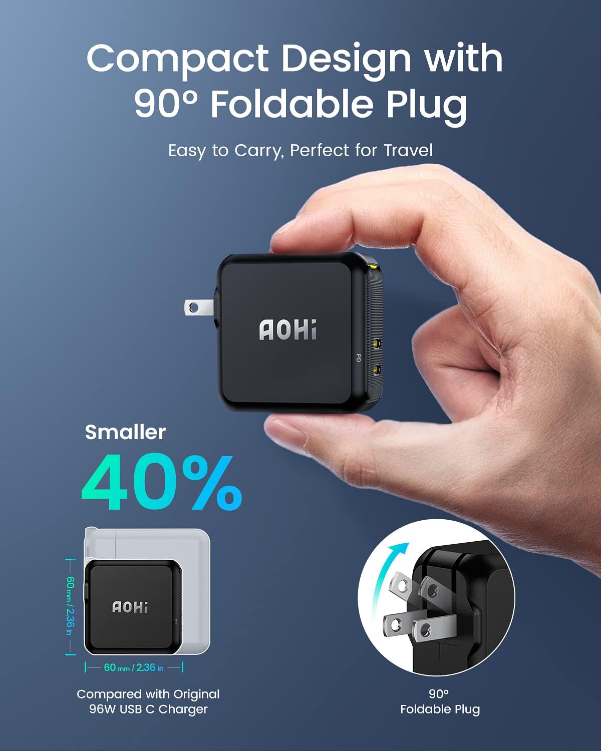 AOHI 100W USB C Charger GaN+, 2 Port Type C PD Wall Charger Foldable Power Adapter with 4ft USB C LED Display Cable for MacBook Pro/Air, iPad Pro, iPhone 15/14/13/12, Galaxy, Laptops, Black