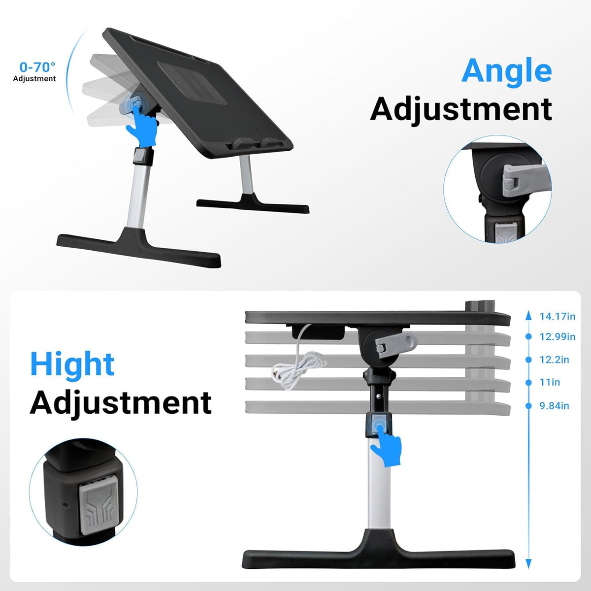 Laptop Lap Desk Include Cooling Fan,Adjustable Lap Desk with Light Fan,Folding Laptop Desk for Bed with USB,Bed Desk with Storage Drawer 56 * 32cm,Black