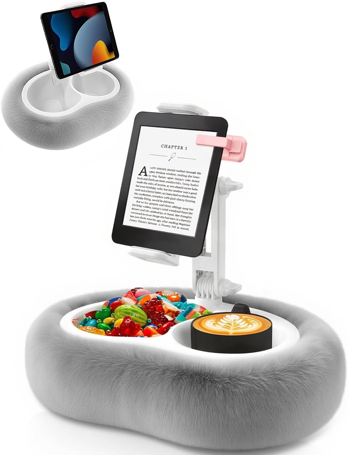 Tablet Pillow Stand, Compatible with 4.7"-12.9" Kindle, iPad, Phone/Tablet, Google, 360° Rotating Phone Holder for Bed, Detachable Bowl, Reading and Relaxation on Bed, Gray, Large (Faux Fur Pillow)