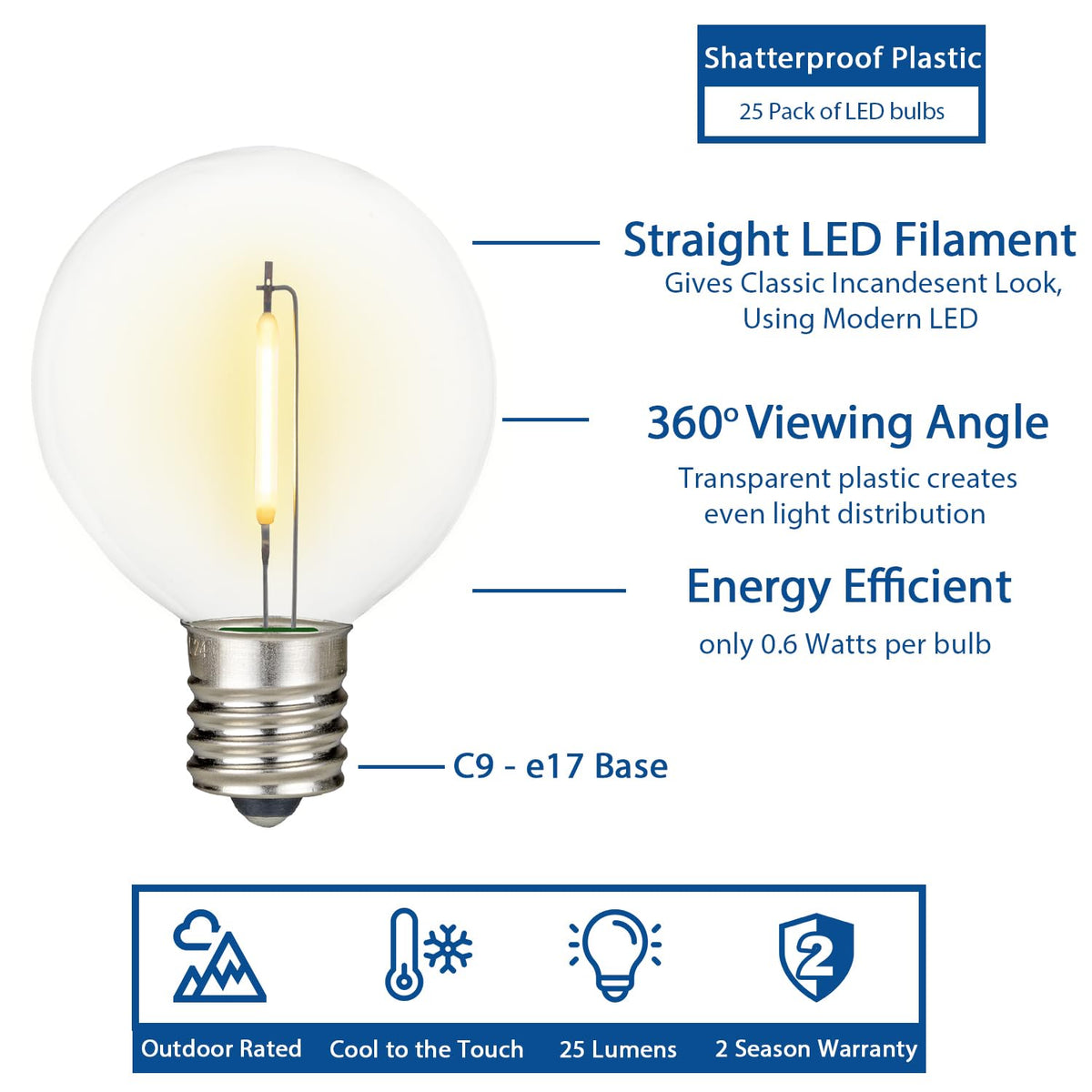 Novelty Lights 50 Feet G50 LED Patio String Light Set with 50 Bulbs, Warm White, Weather Resistant and Shatterproof Replaceable Plastic Globe Bulbs