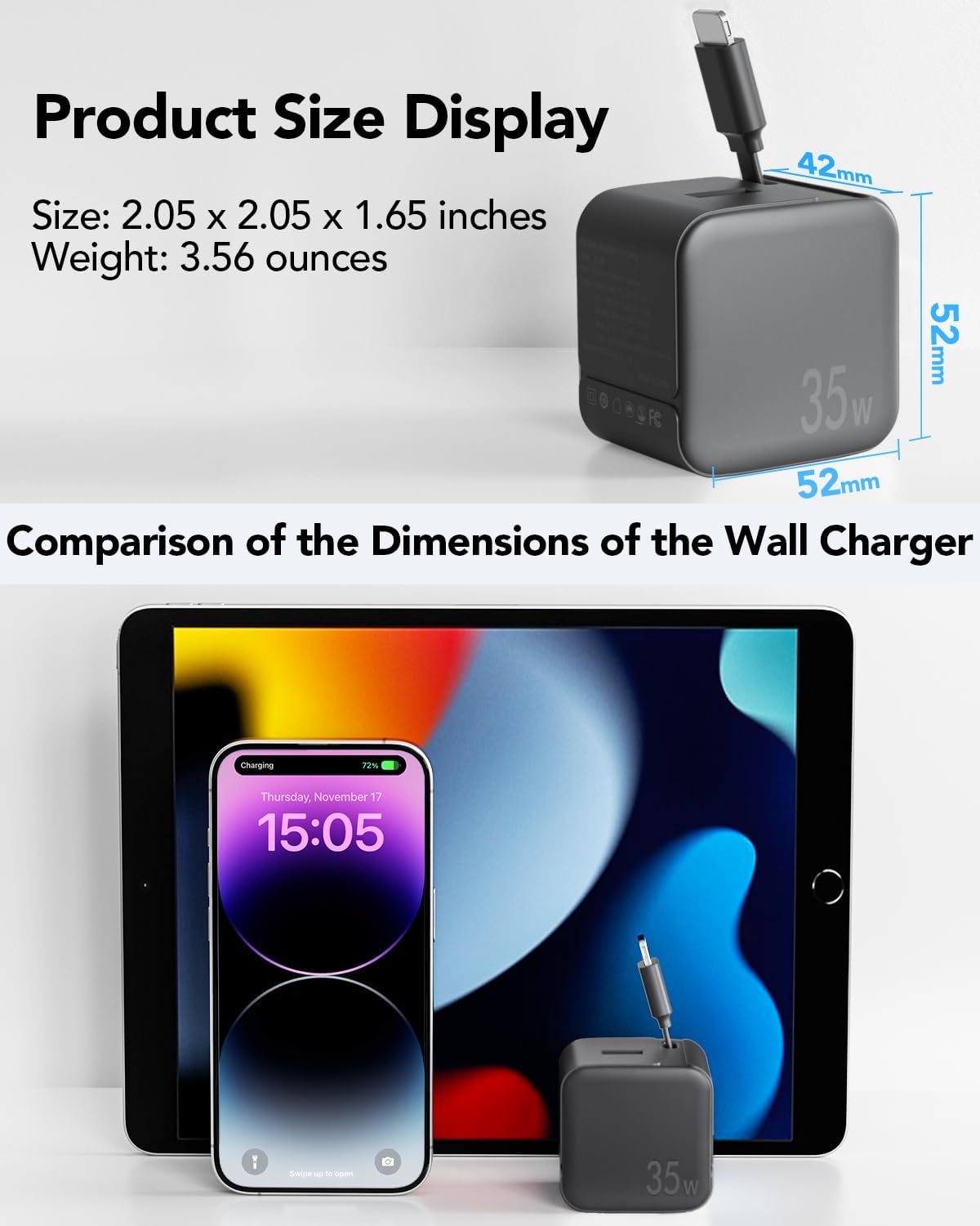 Retractable Wall Charger Block for iPhone, 35W PD Fast Charger with Retractable Lightning Cable and USB Port for iPhone