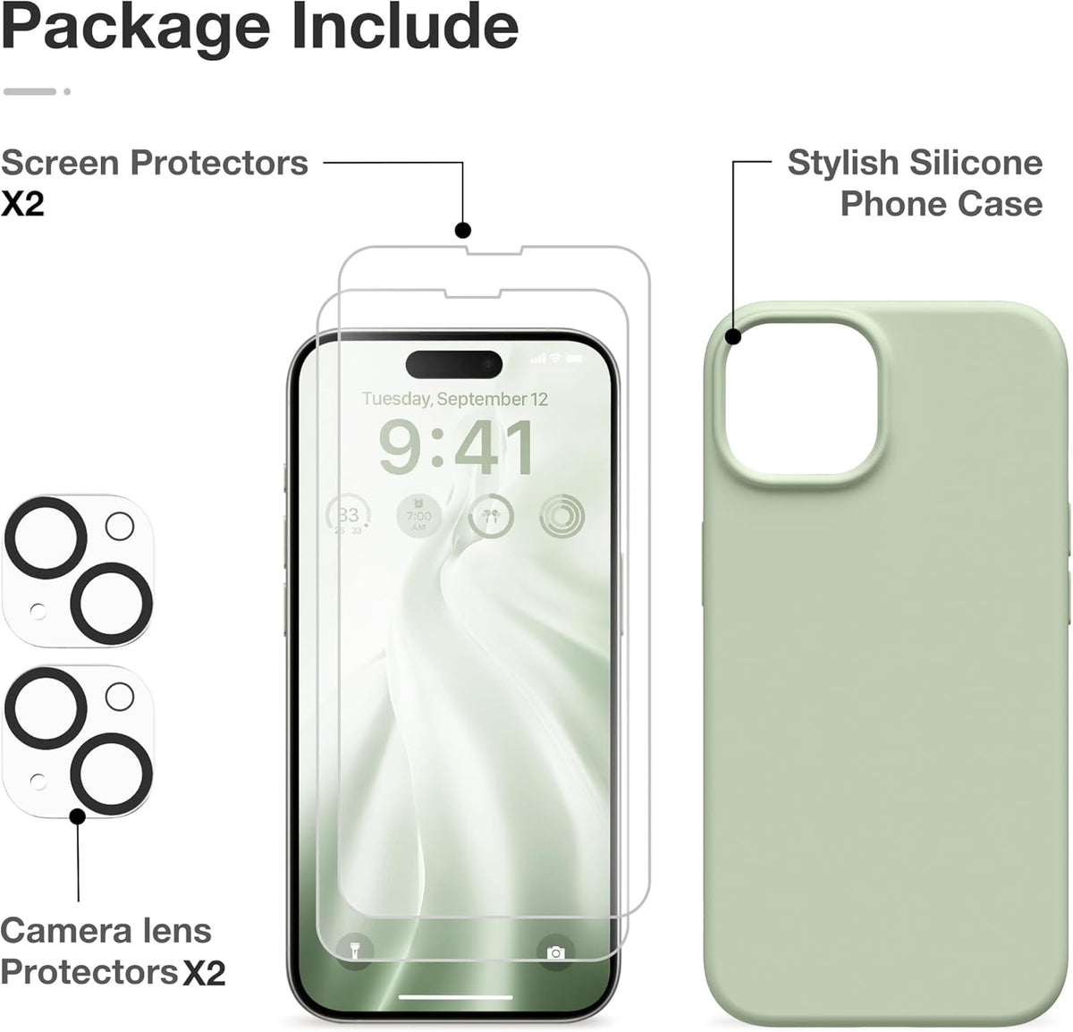 GONEZ Silicone Case for iPhone 14 with 2X Screen Protector & 2X Camera Lens Protector, Liquid Shockproof Cover, Pastel