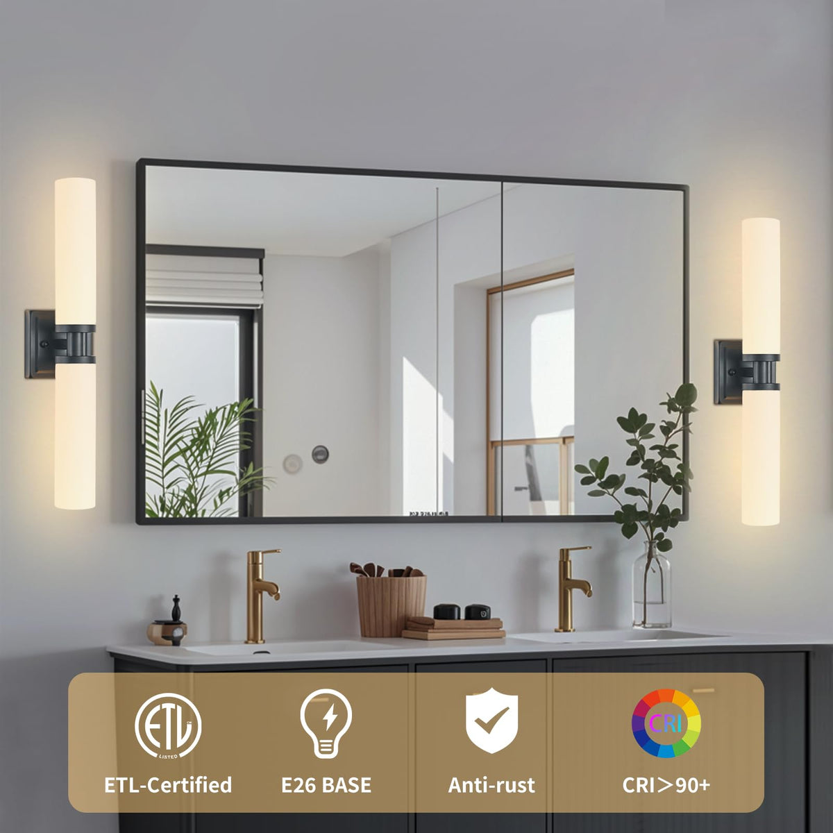 Keep Shinning Black Wall Sconces Set of Two, Modern Bathroom Sconce with Frosted Glass, Hardwired Wall Light Fixtures for Bathroom Living Room Bedroom