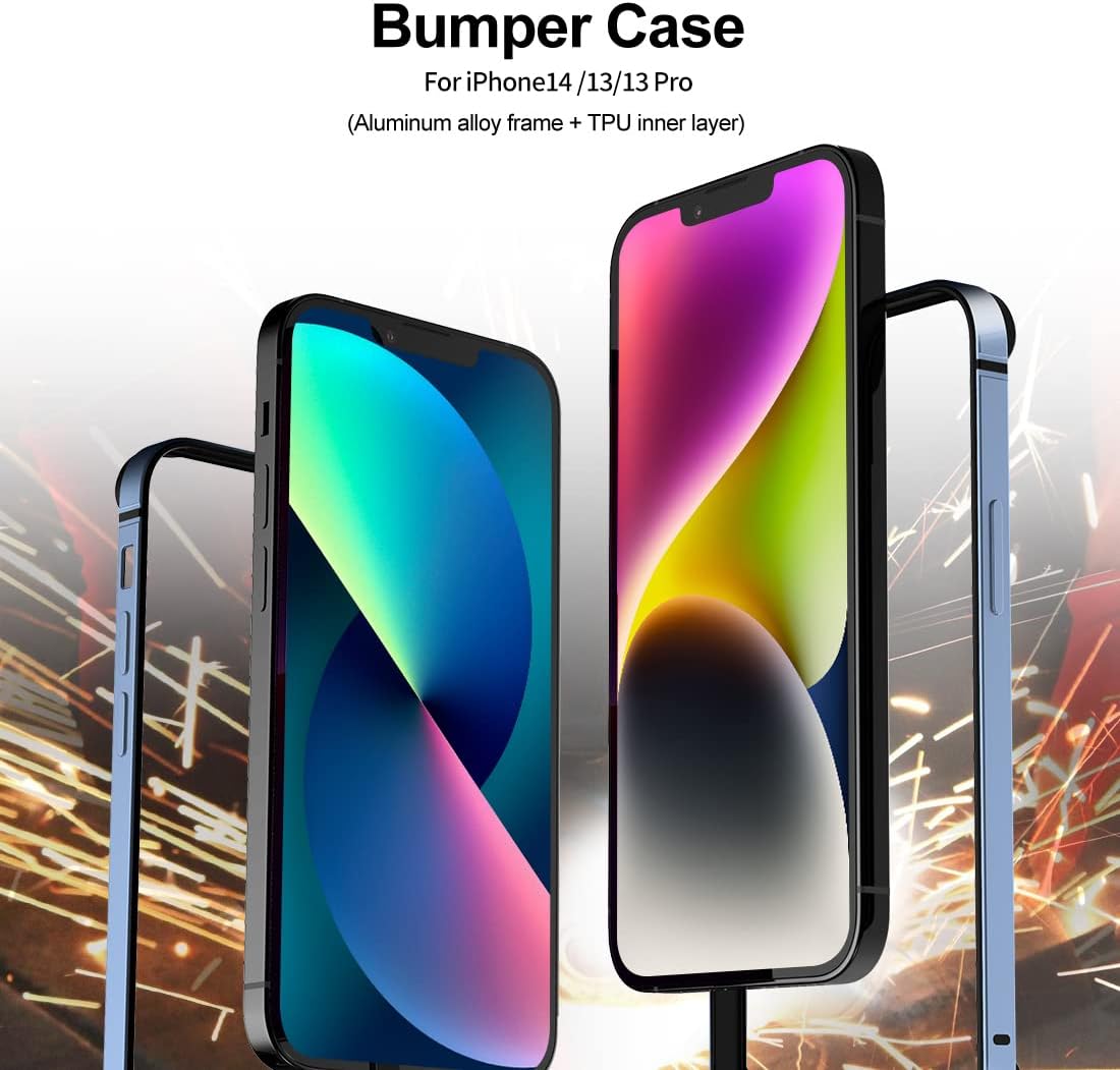 Slim Metal Bumper Case for iPhone 14/13/13 Pro, Metal Bumper Cover with Soft TPU Inner [No Signal Interference][Support
