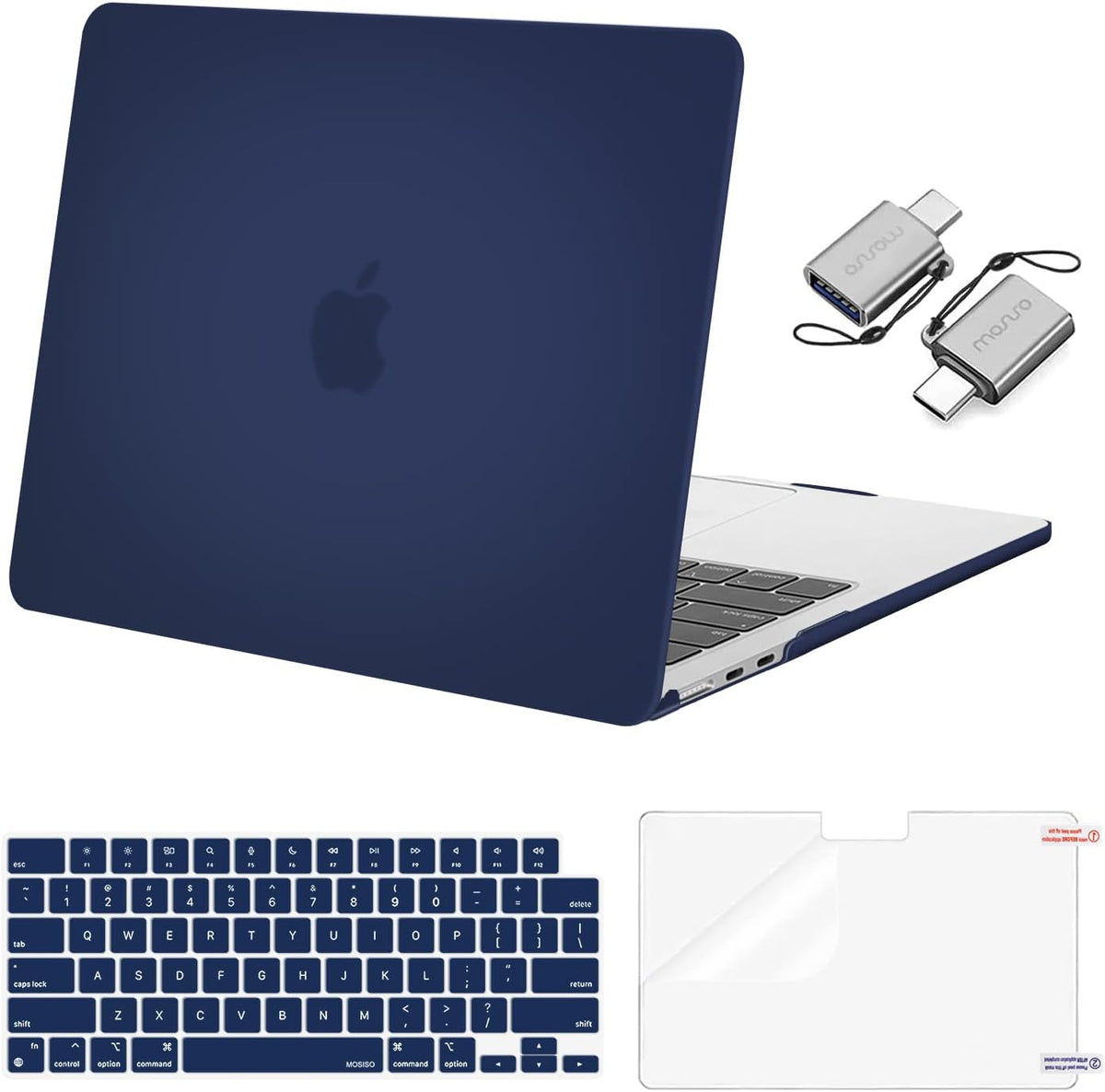 MOSISO Compatible with MacBook Air 13 inch Case 2025 2024 2023 2022 M4 A3240 M3 A3113 M2 A2681, Plastic Hard Shell&Keyboard Cover&Screen Film&Type C for MacBook Air 13.6 inch Case, Navy Blue