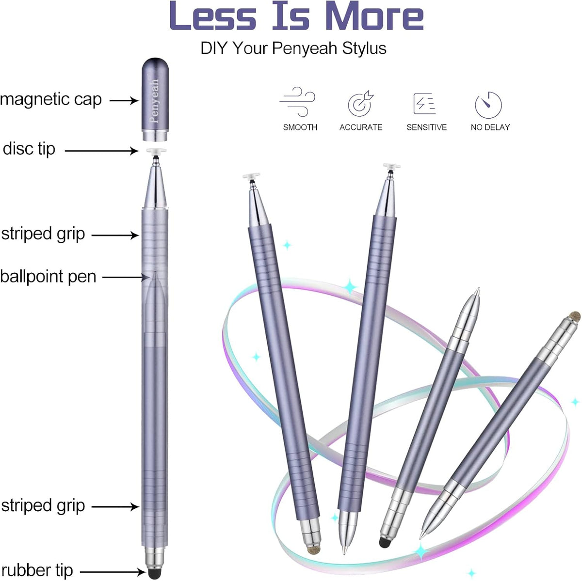 Penyeah 3 in 1 Stylus Pen for Touch Screens, Magnetic Disc/Rubber/Hard Mesh Tip, Universal High Precision (Gray)