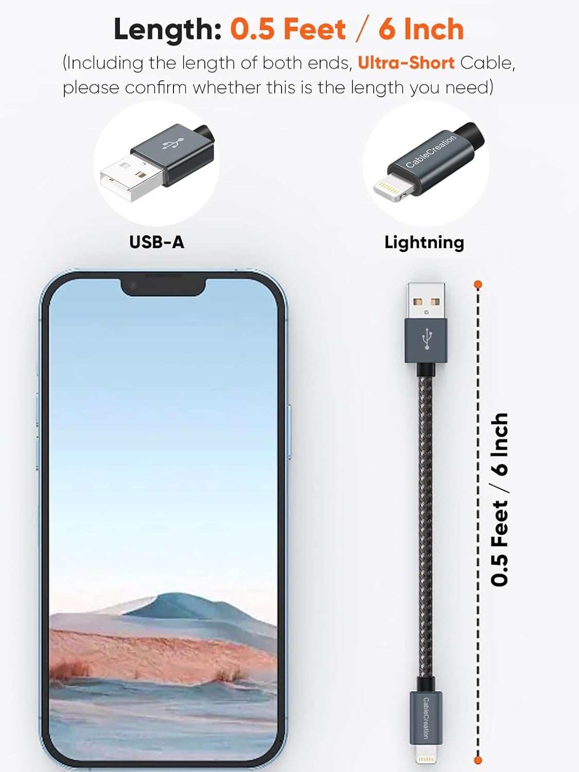 CableCreation Short iPhone Charger Cable 0.5FT/0.15m, USB A to Lightning Cable, Lightning to USB Data Sync Cord [MFi Certified] for iPhone 14/14 Pro, AirPods Pro, iPhone 13/13 Pro/12, iPad Pro, Grey