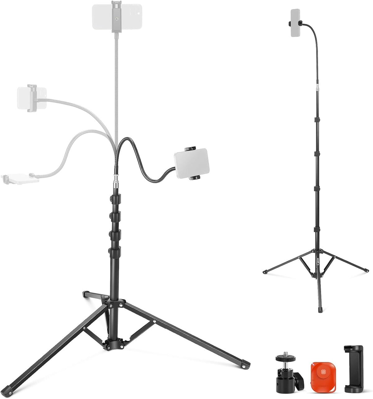 NEEWER 71" Phone Tripod Stand with Reversible Legs Flexible Arm 360° Ball Head Phone Holder & Remote, Portable Photography Light Stand Compatible with iPhone 16 15 Pro Max for Video Recording, TS06