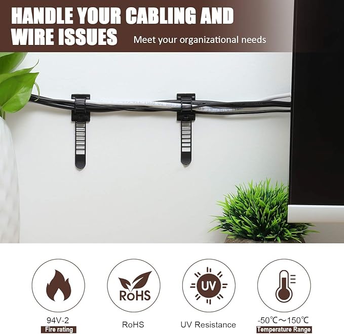 100Pcs Adhesive Cable Management Clips with 50Pcs Zip Ties, Adjustable Nylon Cable Strap Ties Wire Clips Clamps Organizer with Strong Adhesive Tape, Extra Screw & Hole - 3.55 Inch Black