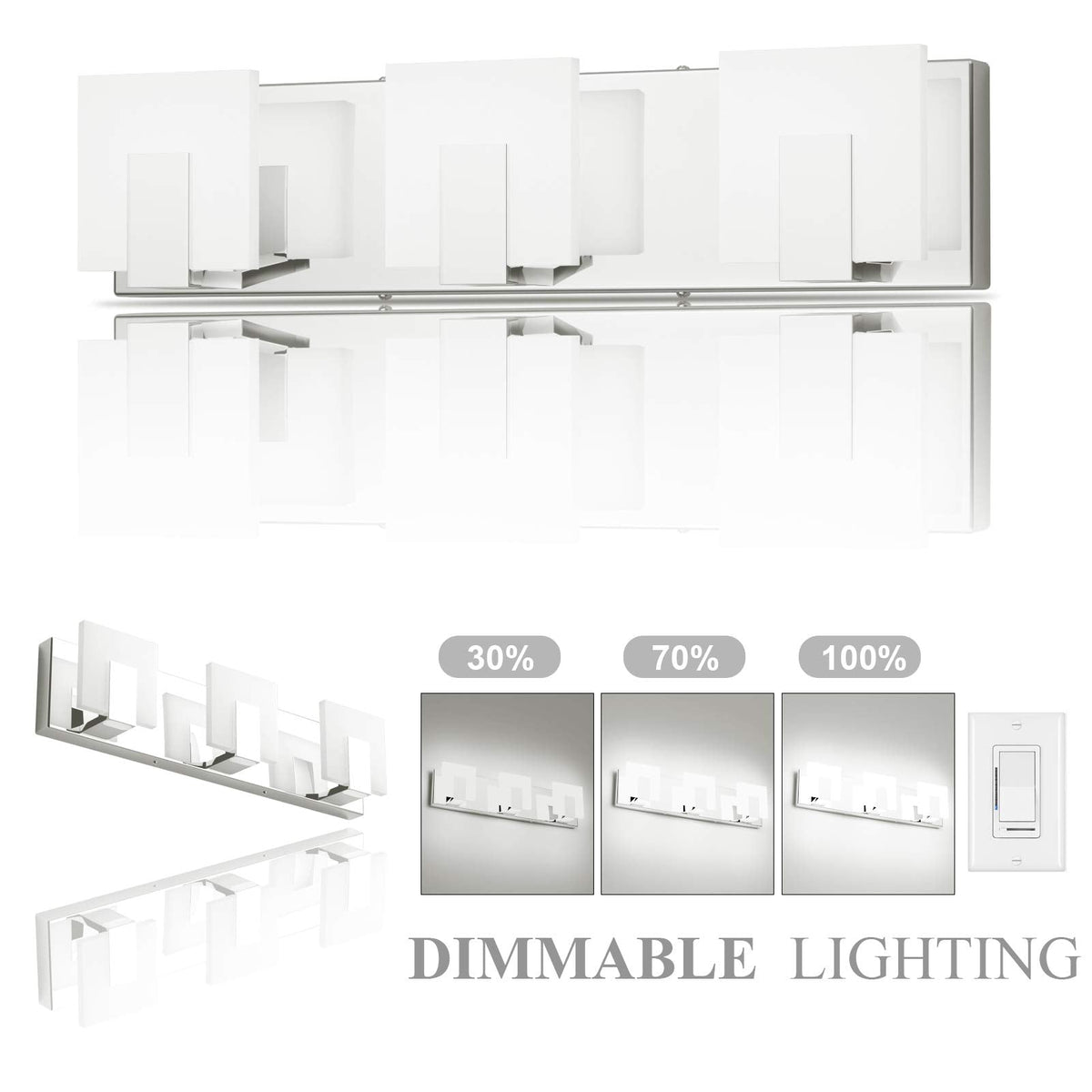 Aipsun 3 Lights Dimmable Modern LED Vanity Light for Bathroom Frosted White Acrylic Chrome Up and Down Bathroom Wall Light Fixtures Over Mirror(White