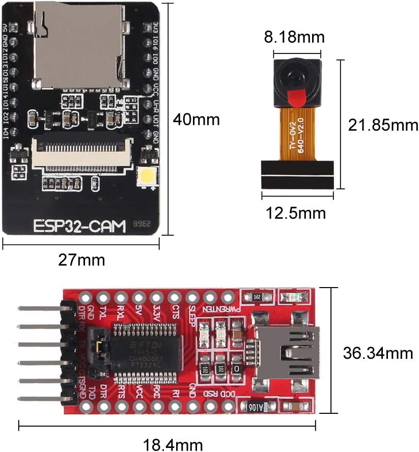 ESP32-CAM WiFi + Bluetooth Module - Development Board with Camera Module OV2640 2MP + FT232RL USB to TTL Converter