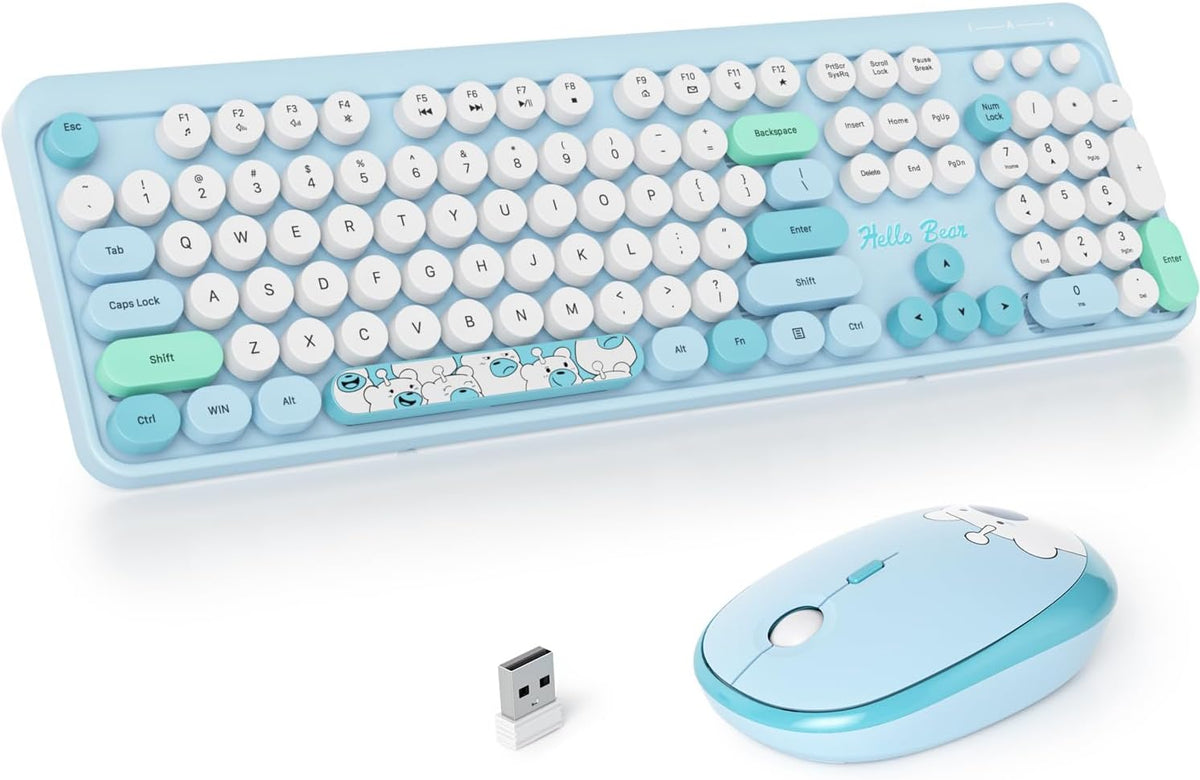 Fogruaden Wireless Keyboard and Mouse Combo, 2.4GHz Retro Typewriter Keyboard, 104 Full Size Round Keycap Cute Computer