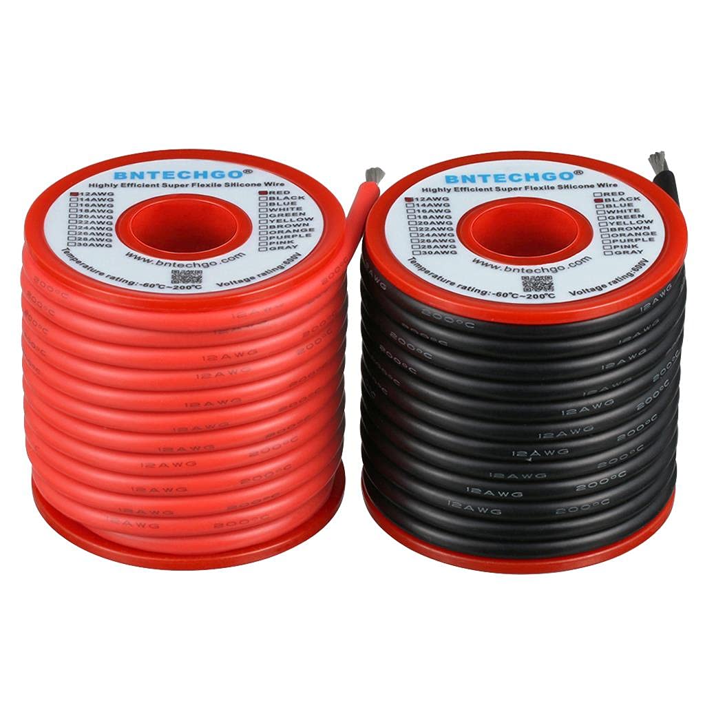 BNTECHGO 12 Gauge Silicone Wire Spool red and Black Each 25ft Flexible 12 AWG Stranded Tinned Copper Wire