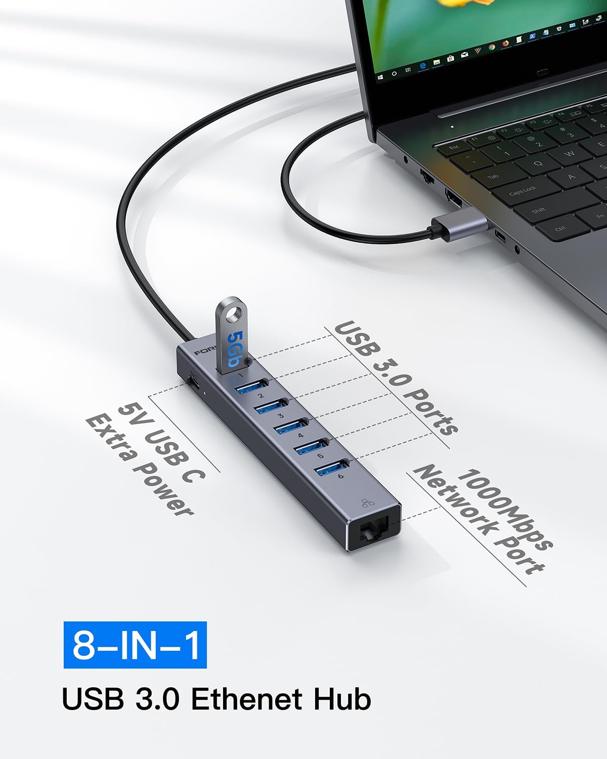 7 Port USB Hub USB Ethernet HUB with 3.9ft Long Cable for Laptop, USB Splitter with Gigabit Ethernet Port and 5V/3A Power Port, MultiPort Aluminum Expander for Laptop, iMac, PC, Flash Drives