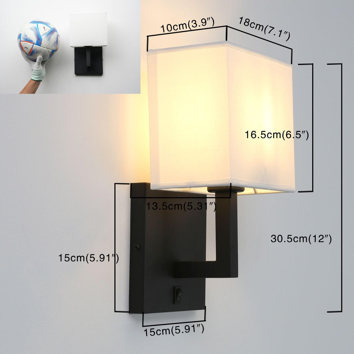 PERMO Single Wall Sconce Black Finish Light Fixture with White Textile Shades and On/Off Switch Button Small Modern Nightstand Lamps for Bedrooms
