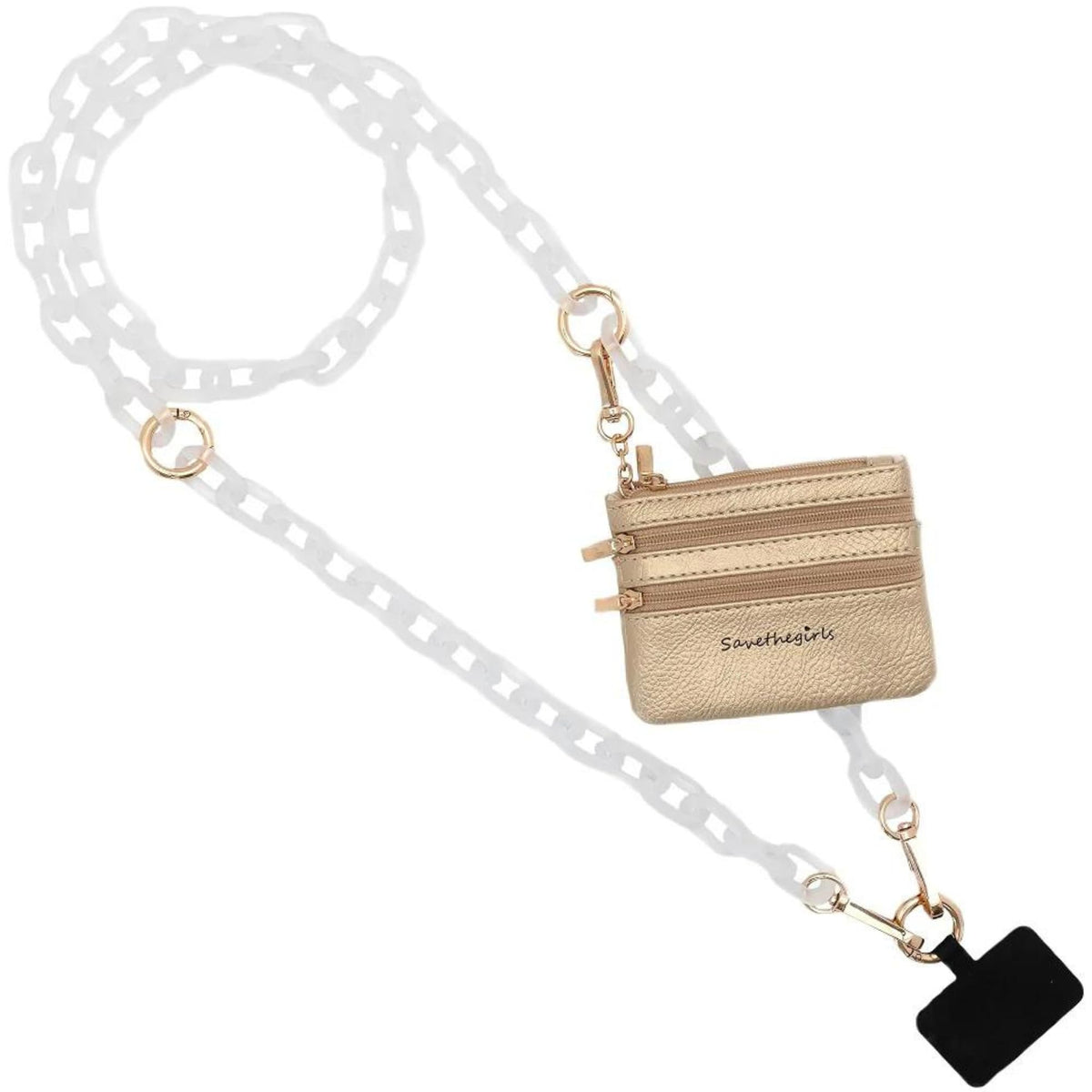 Save the Girls Clip and Go Phone Chain with Pouch (White - Gold Pouch) - Stylish Phone Lanyard Crossbody with Wallet for Women, Hands-Free Carrying