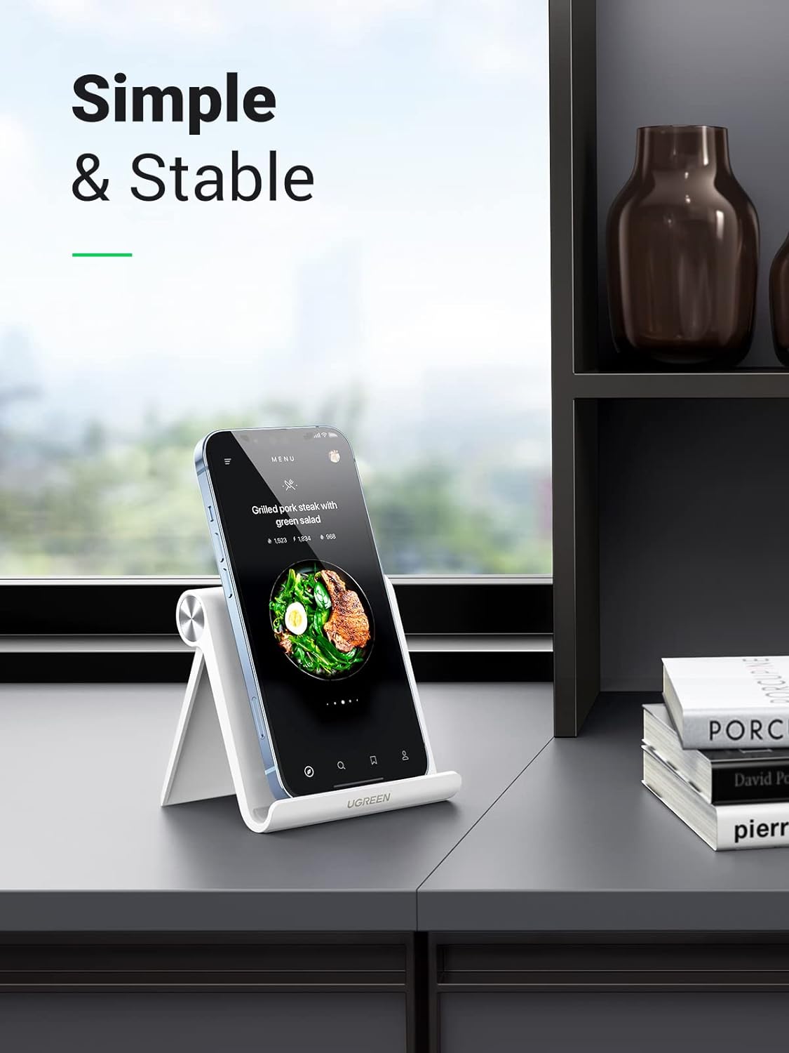 UGREEN Cell Phone Stand for Desk Phone Holder Foldable Portable Adjustable Compatible with iPhone 16 15 14 13 Pro Max, iPhone 12 11 Plus SE XS XR 8 7, Office Desk Travel Accessories, White
