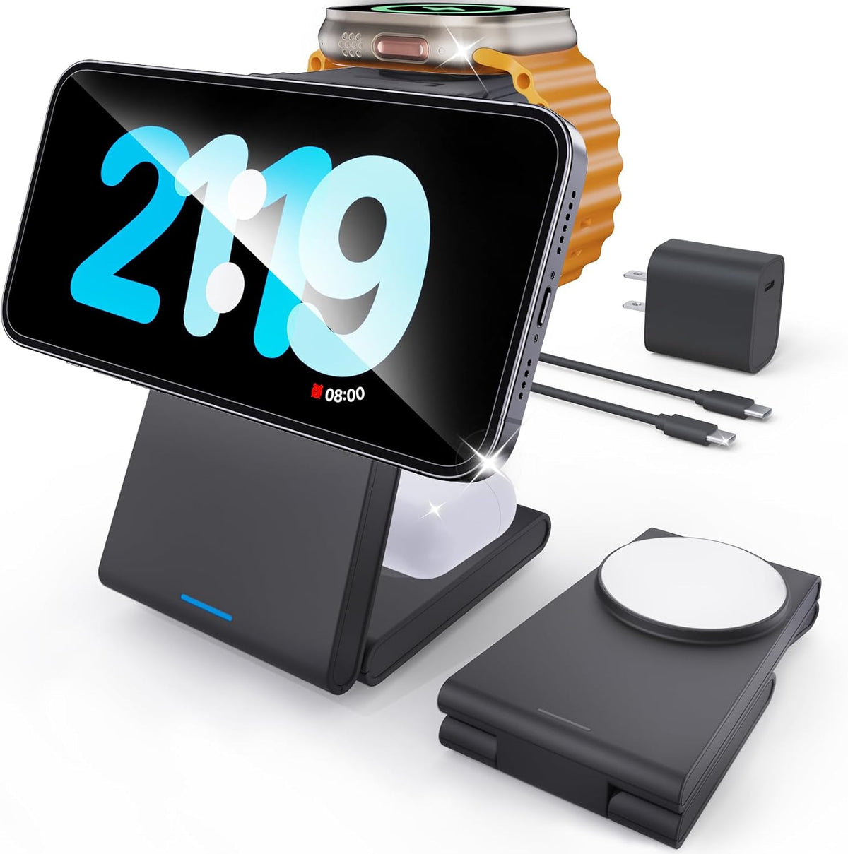 Foldable 3 in 1 Charging Station for Multiple Devices, Travel Wireless Charger for MagSafe Charger Stand, Magnetic Charging Stand for iPhone 16/15/14/13/12 for iWatch AirPods Black