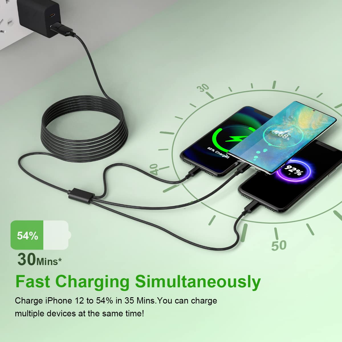 Multi 5 in 1 Universal USB Fast Charging Cable, 1.8M/6FT Nylon Braided Sync Charger Cord for Android/iPhone