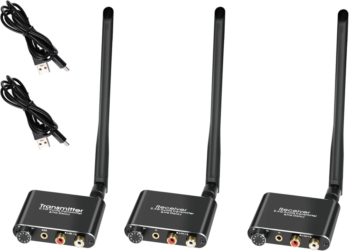 eppfun 50m/2.4G Wireless Audio Transmitter Receiver for 2 Subwoofer/Active Speaker/Power Amplifier/Home Stero, with 20ms Low Latency,192kHz/24bit HiFi, 165Feet/ RCA/3.5mm Audio (only Audio)