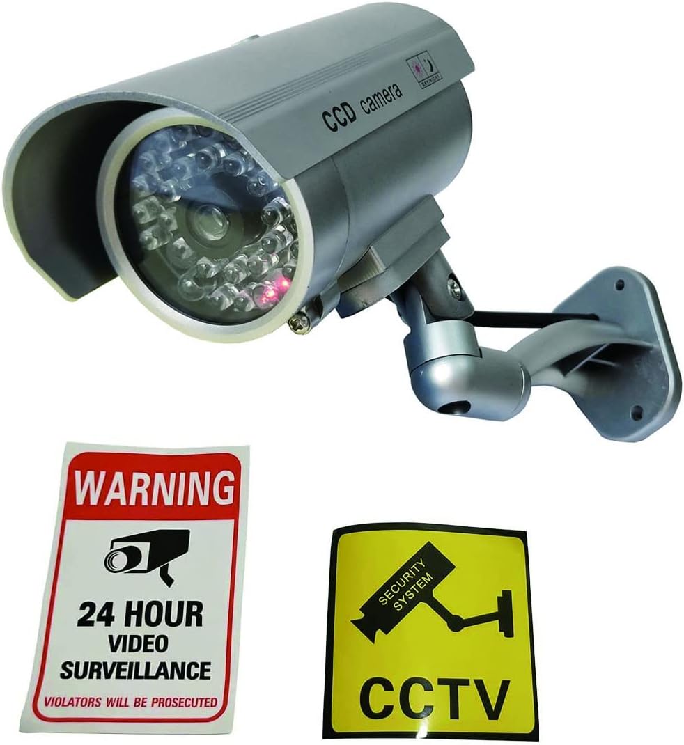 Dummy Security Camera Bullet Fake Indoor Outdoor CCTV Surveillance System with Realistic LEDs and Warning Stickers