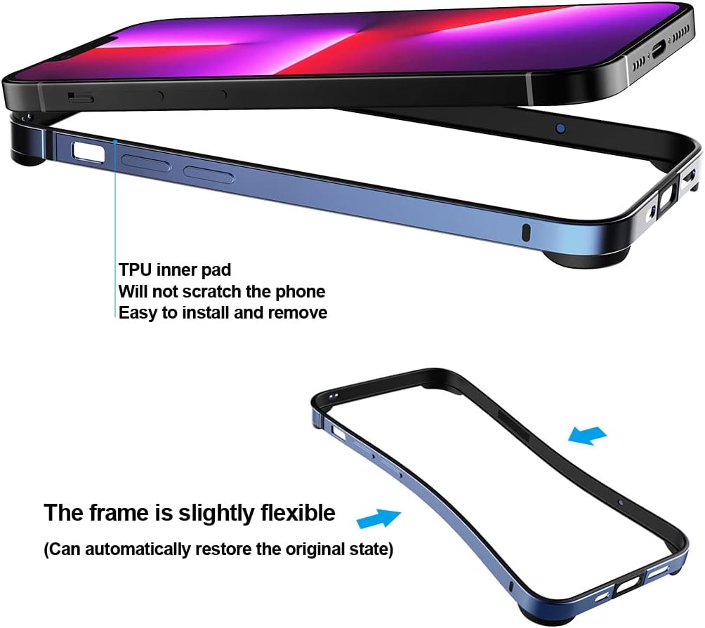 Slim Metal Bumper Case for iPhone 14/13/13 Pro, Metal Bumper Cover with Soft TPU Inner [No Signal Interference][Support
