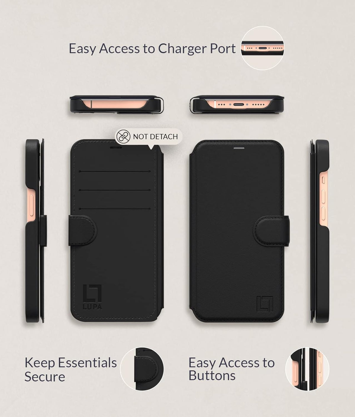 LUPA Legacy Wallet Case Compatible with iPhone 12 for Women & Men, Slim Durable Faux Leather Flip Cover, Black