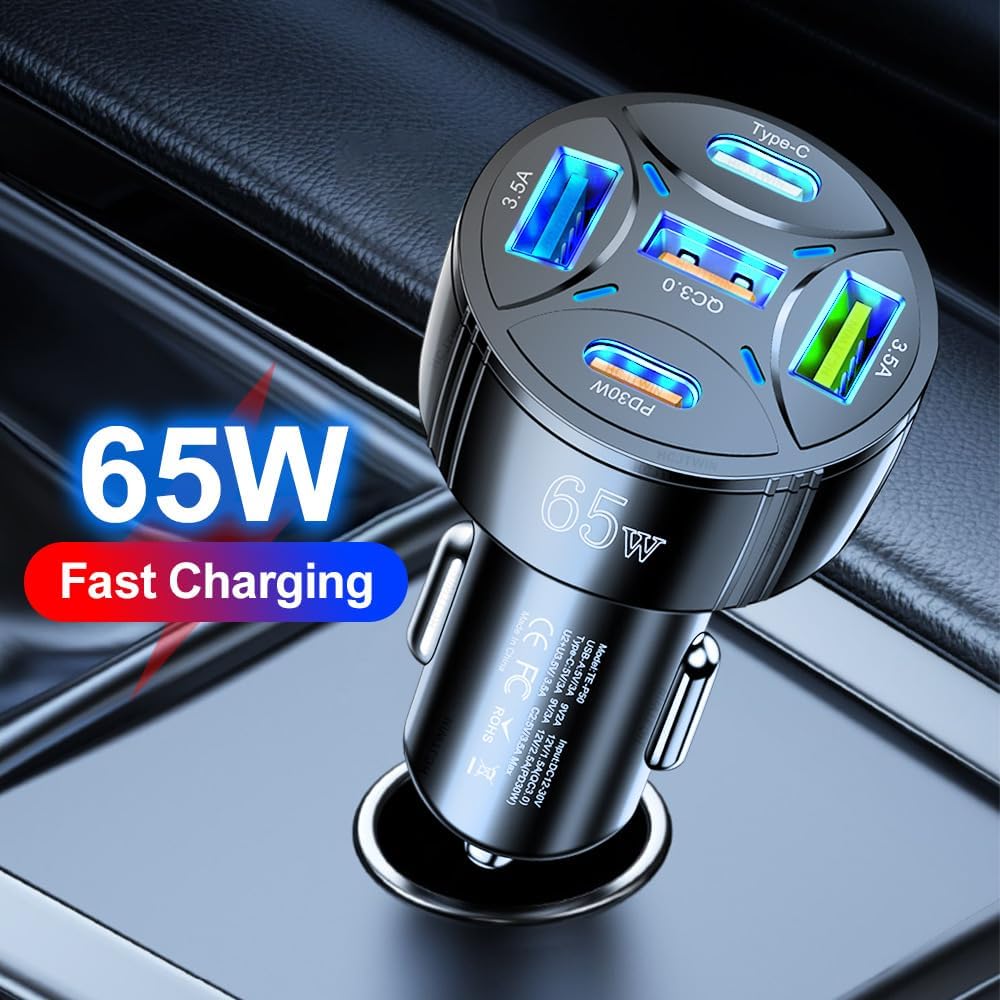 65W USB C Car Charger, PD30W & QC3.0 Fast Charging Cigarette Lighter Plug Adapter for iPhone/Android/Samsung