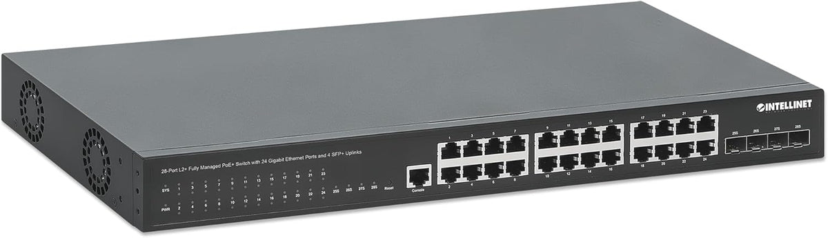 Intellinet 28-Port L2+ Fully Managed PoE+ Switch - with 24 Gigabit Ethernet Ports and 4 SFP+ Uplinks – 370W Power Budget, 30W per Port Max – 3 Yr Mfg Warranty – 561846