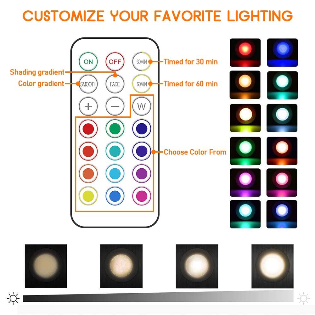 SIXDEFLY LED Puck Lights With Remote, 13 Colors RGB Dimmable Under Cabinet, Battery Powered Color Changing, Party Atmosphere for Kitchen Closet
