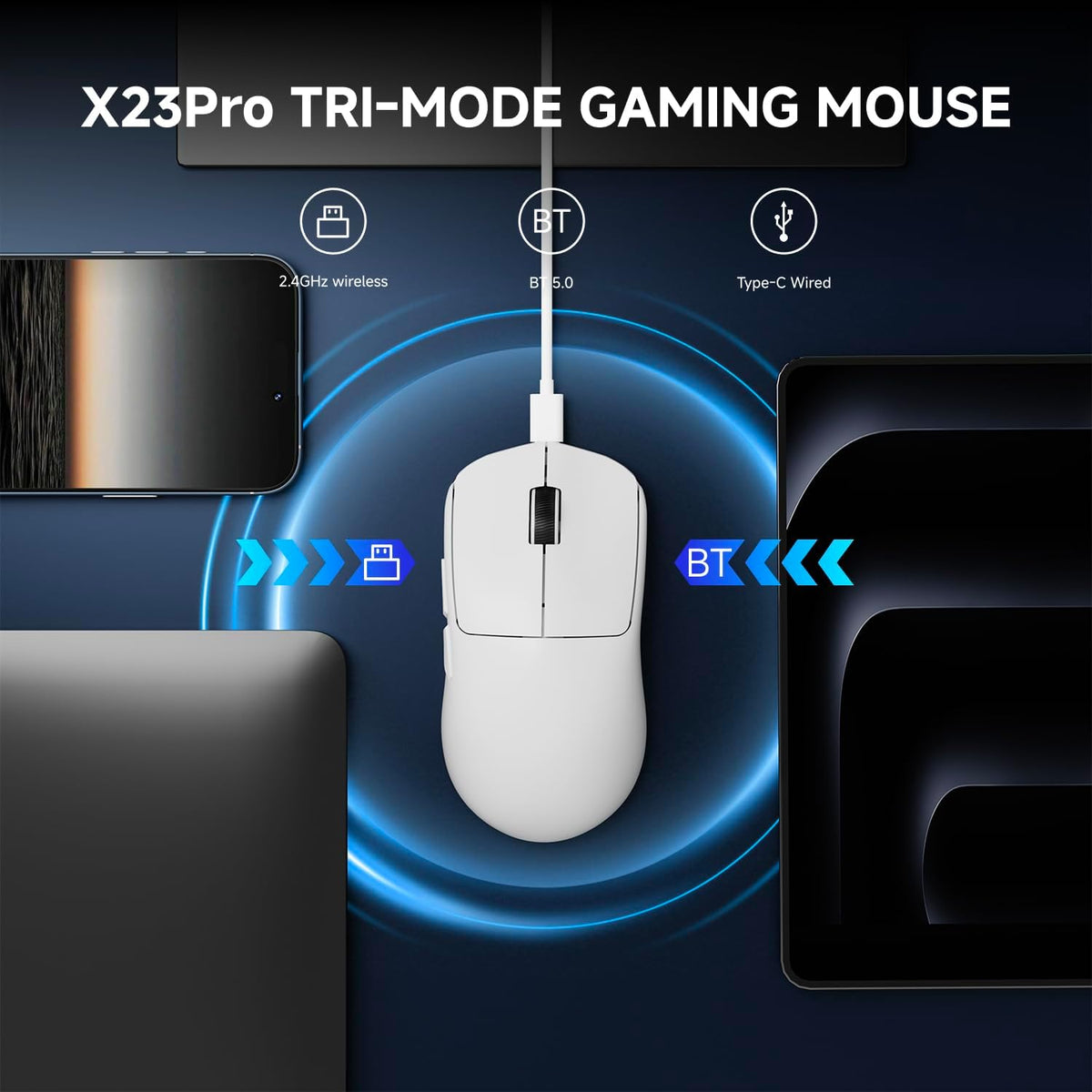 EWEADN X23Pro Wireless Gaming Mouse, 2.4G/BT5.0/USB-C Esports Gaming Mouse, 49g Lightweight Mouse Gaming, 12000 DPI Wireless Mouse with 6 Programmable Buttons,for Laptop/PC/Mac, White