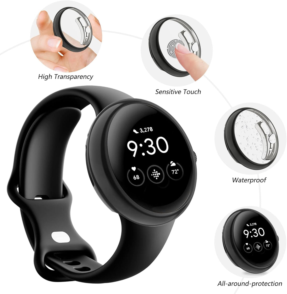 Amzpas 2 Pack Screen Protector Case for Google Pixel Watch, Soft Plated TPU Full Around Protective Cover, Black+Silver