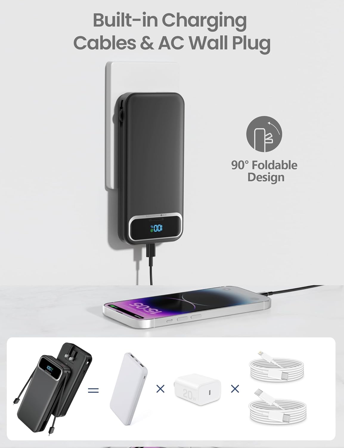 12000mAh Lightweight-Portable-Charger-Power-Bank with Built-in Cables and AC Wall Plug, PD20W USB-C Fast Charging Battery Pack, LED Display External Travel Phone Charger for All iPhone,Samsung,Android