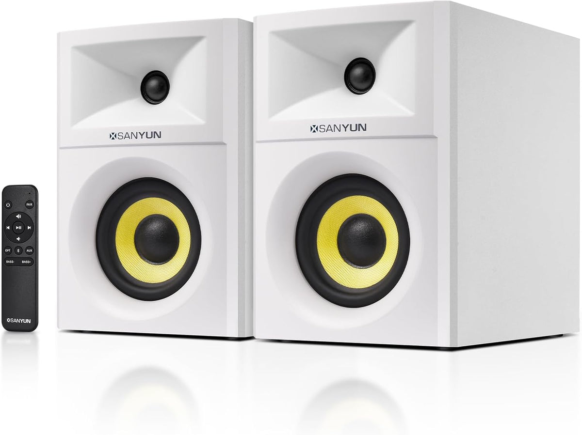 SW205 4" Bookshelf Speakers | Immersive HiFi Audio with Virtual Surround | Flagship DAC/DSP Engine | Geometric Diffusion Cabinet | 80W, Bluetooth 5.4/Optical/AUX Inputs, Wireless Remote, White