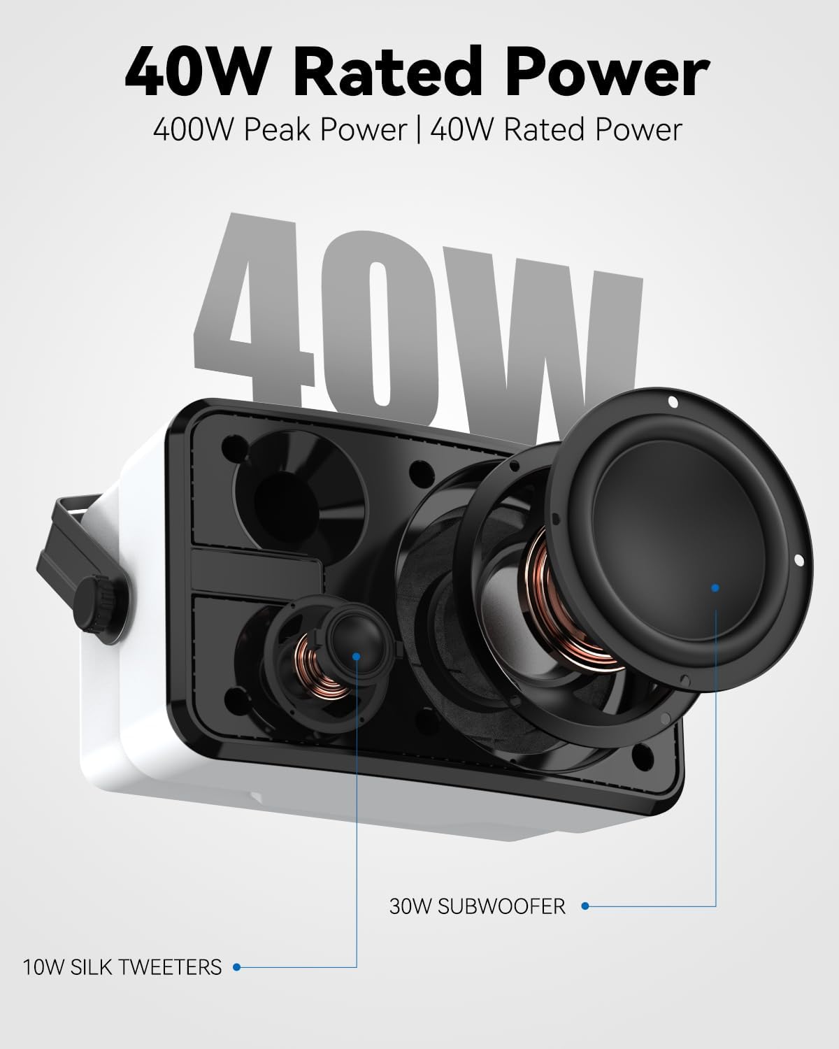 400W Outdoor Bluetooth Speakers, Wireless Sync Between Speakers, IPX5 Waterproof, Powerful Bass, Wall Mount for Patio, Porch, Gazebo, Garage, 2-Pack, White(MZ-621)