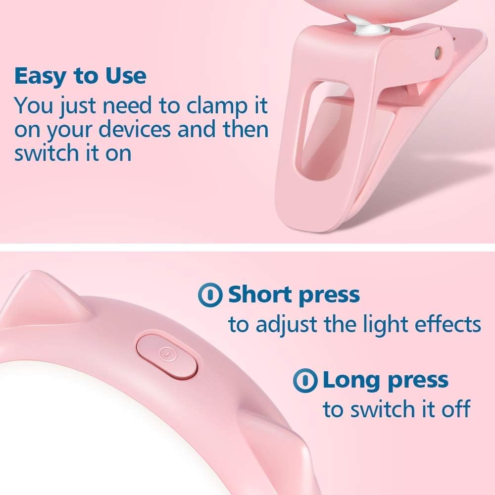 OURRY Mini Rechargeable Selfie Clip on Ring Light, 9 Level Adjustable Brightness, 32 LED, USB Flash Lighting - Pink
