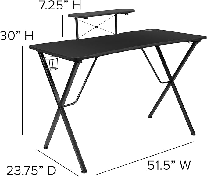 BizChair Black Gaming Desk with Cup Holder/Headphone Hook and Monitor/Smartphone Stand &amp Blue Reclining Gaming Chair with Footrest