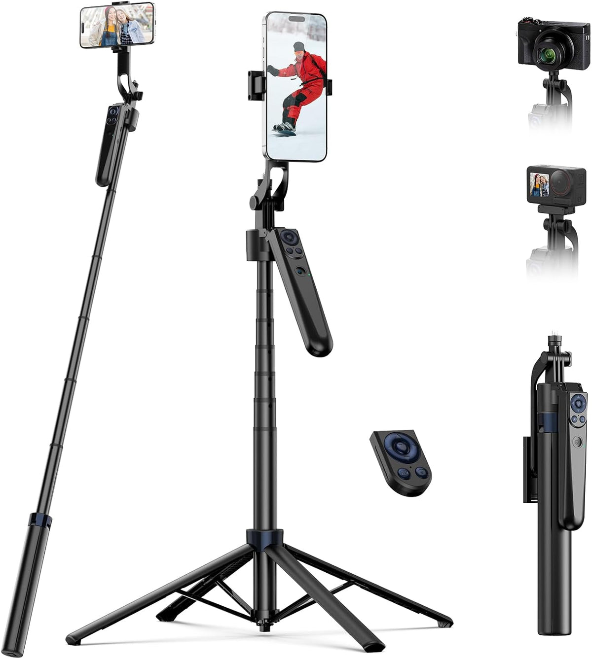 TELESIN 63" Smart Auto-Face Tracking Tripod with 360° Rotation, Remote & Gesture Control, No APP Needed, Compatible with Smartphone/Action Camera, Selfie Stick Tripod Stand for Video Live Streaming